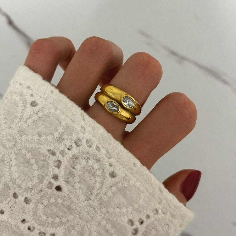 SKU:0029 vintage gold double ring with zircon stone Vintage inspired+in gift box